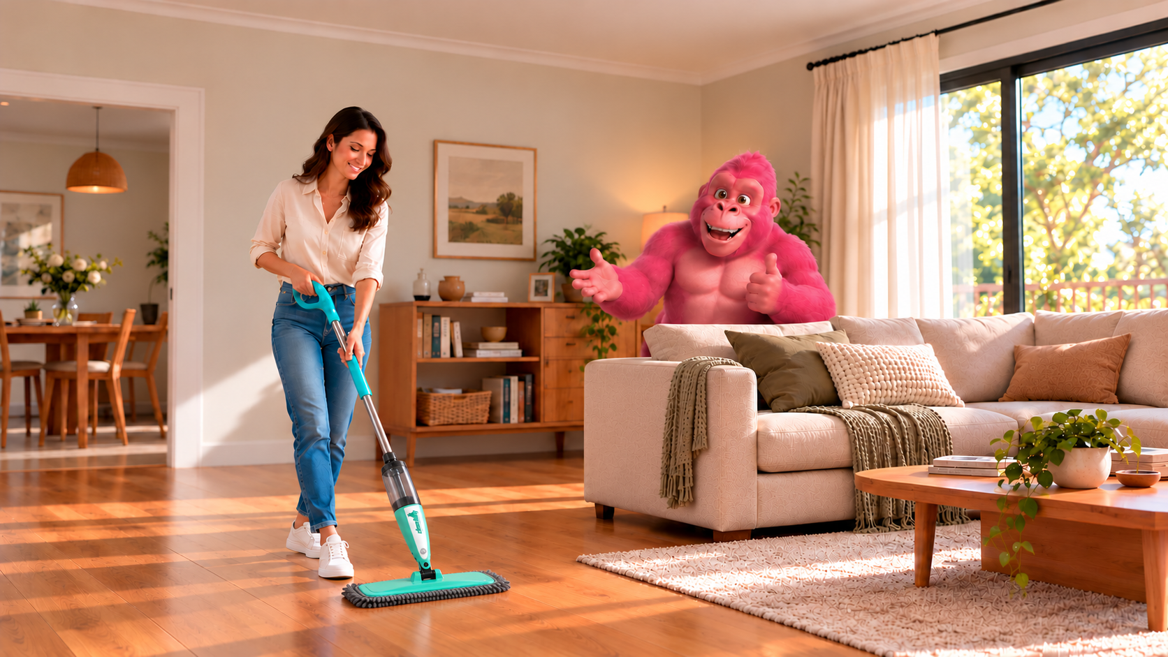 Fröhliches Wohnzimmer mit pinkem Clean Kong Gorilla und Spray-Mate Sprühwischer